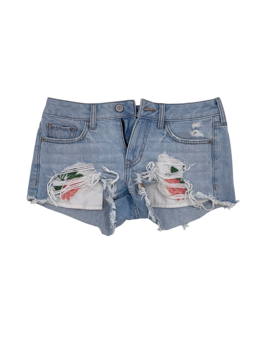 Express Shortie Relaxed Low Rise Denim Jean Shorts Size 00 Distressed Floral Y2K